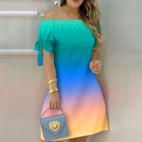 sukienki midi pasy Kobiety Off Shoulder letnia Mini sukienka Sexy krótki rękaw muszka w paski w kratę kwiatowy Print linia Party krótkie sukienki Vestidos 4